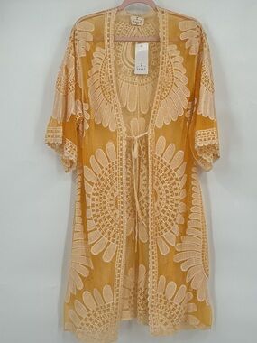 Ember Embroidered Sheer Lace Yellow Kimono Boho Duster